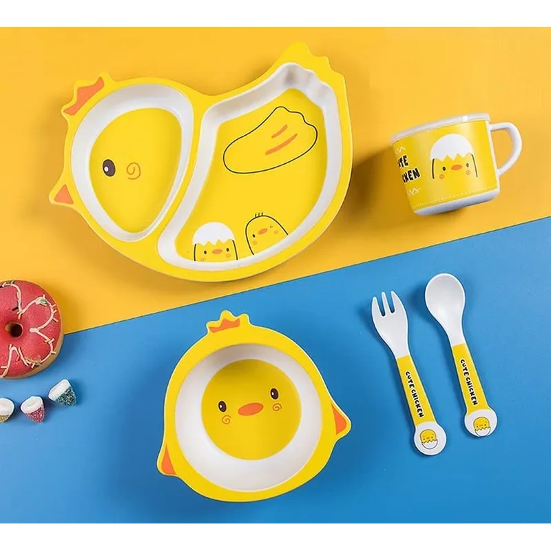 Cartoon Animal Chicken Bamboo Fiber Dinnerware Plate and Bowl Set for Kids Eco Friendly Non Toxic Self Feeding Baby Utensil Set of 5 Pcs - Multicolor