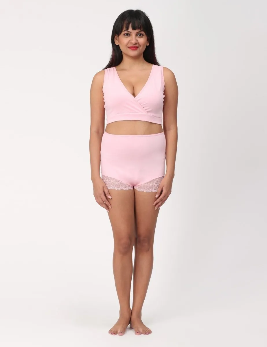 Combo of Rose Pink High Waist Lace Panty and Maternity Nursing Sleep Bra