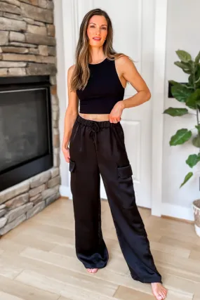 Just For You Satin Cargo Pants - Black - FINAL SALE