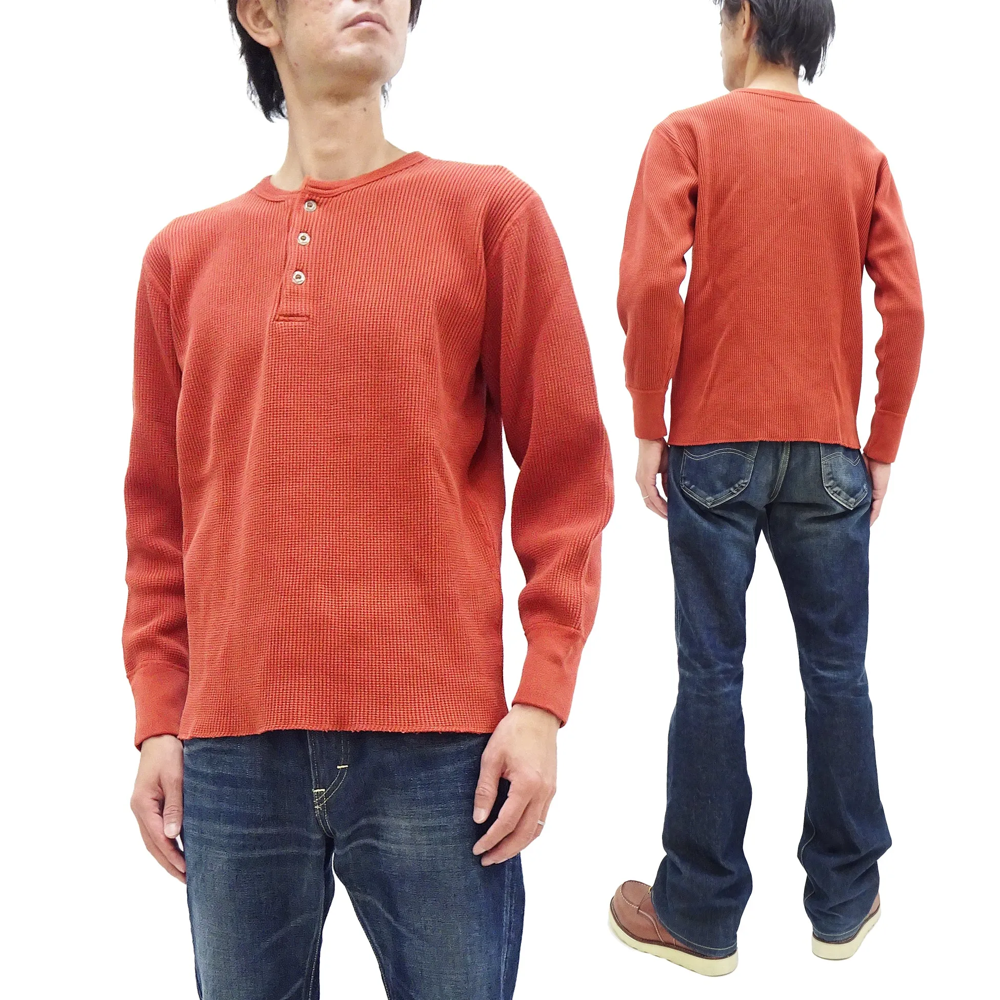 Studio D'artisan Waffle-Knit Thermal Henley T-Shirt Men's Casual Long Sleeve Plain 3-Button Placket Heavyweight Thermal Tee 9937 Burnt Sienna (deep red-brown color)