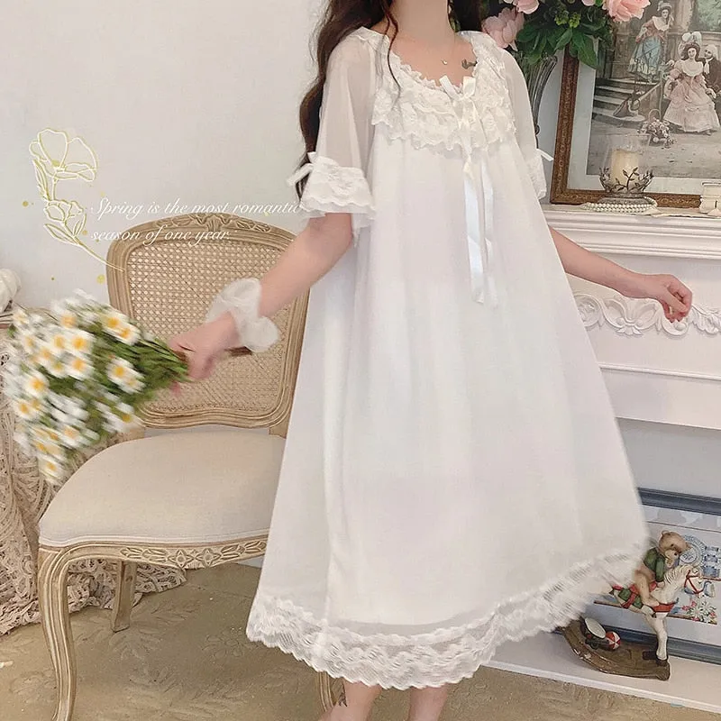 VenusFox Woman Robe Nightgown  Long Sleepwear Vintage Elegant Homewear Ladies Long Dress Full Length Nighties
